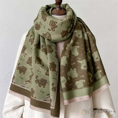 Cat Print Cashmere Winter Warm Scarf green1 scarf-241228