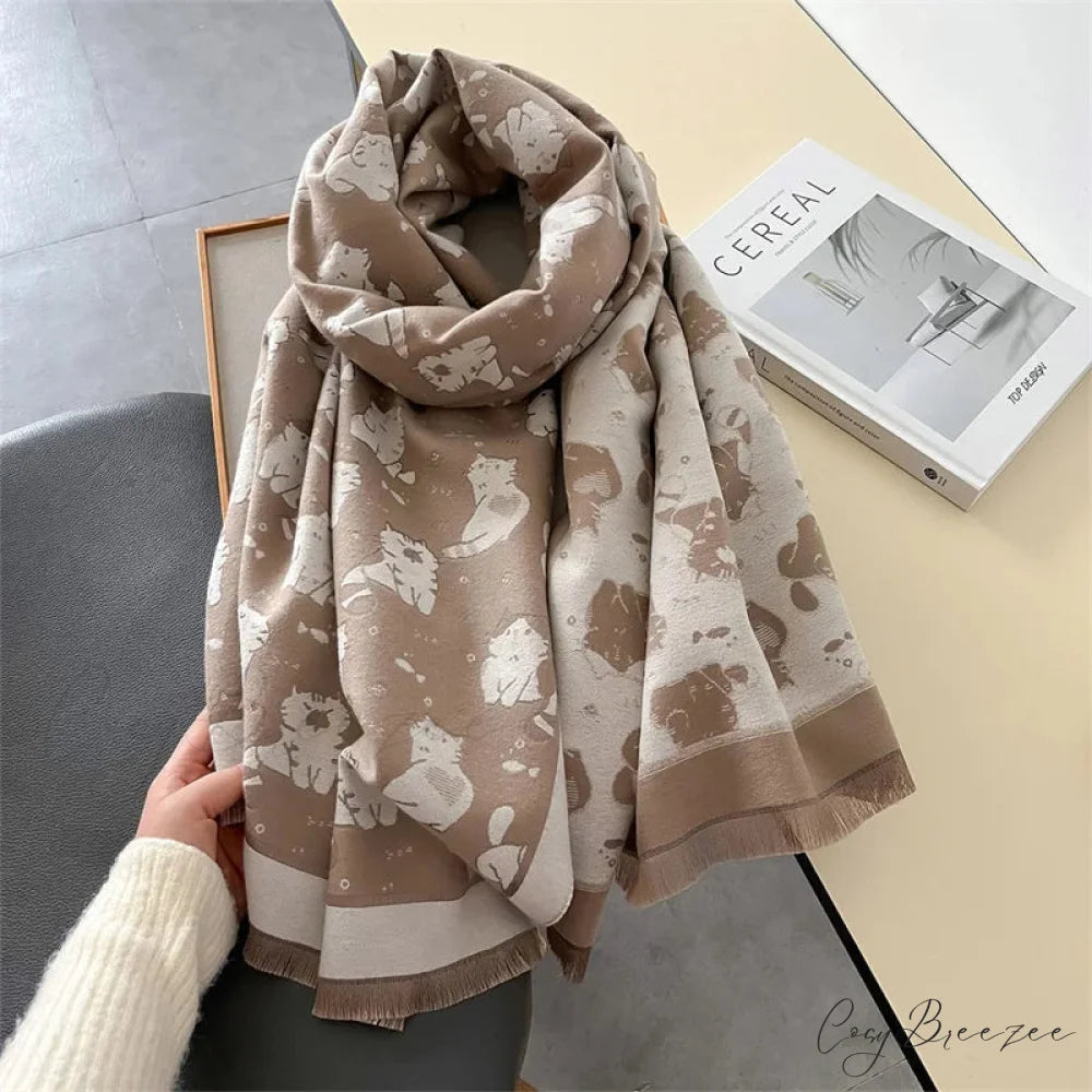 Cat Print Cashmere Winter Warm Scarf green2 scarf-241228
