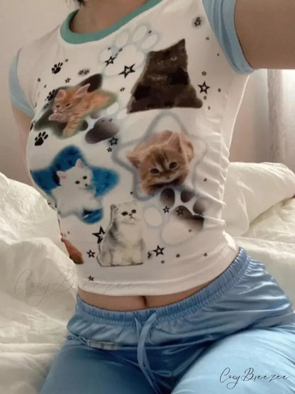 Cat Print Fairycore Baby Tee t-shirt-250223