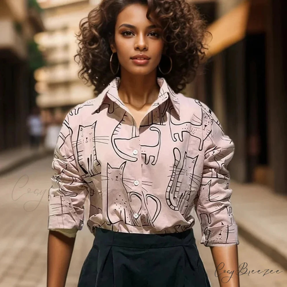 Cat Print Long Sleeve Vintage Casual Crop Top blouse-250126