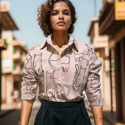 Cat Print Long Sleeve Vintage Casual Crop Top blouse-250126