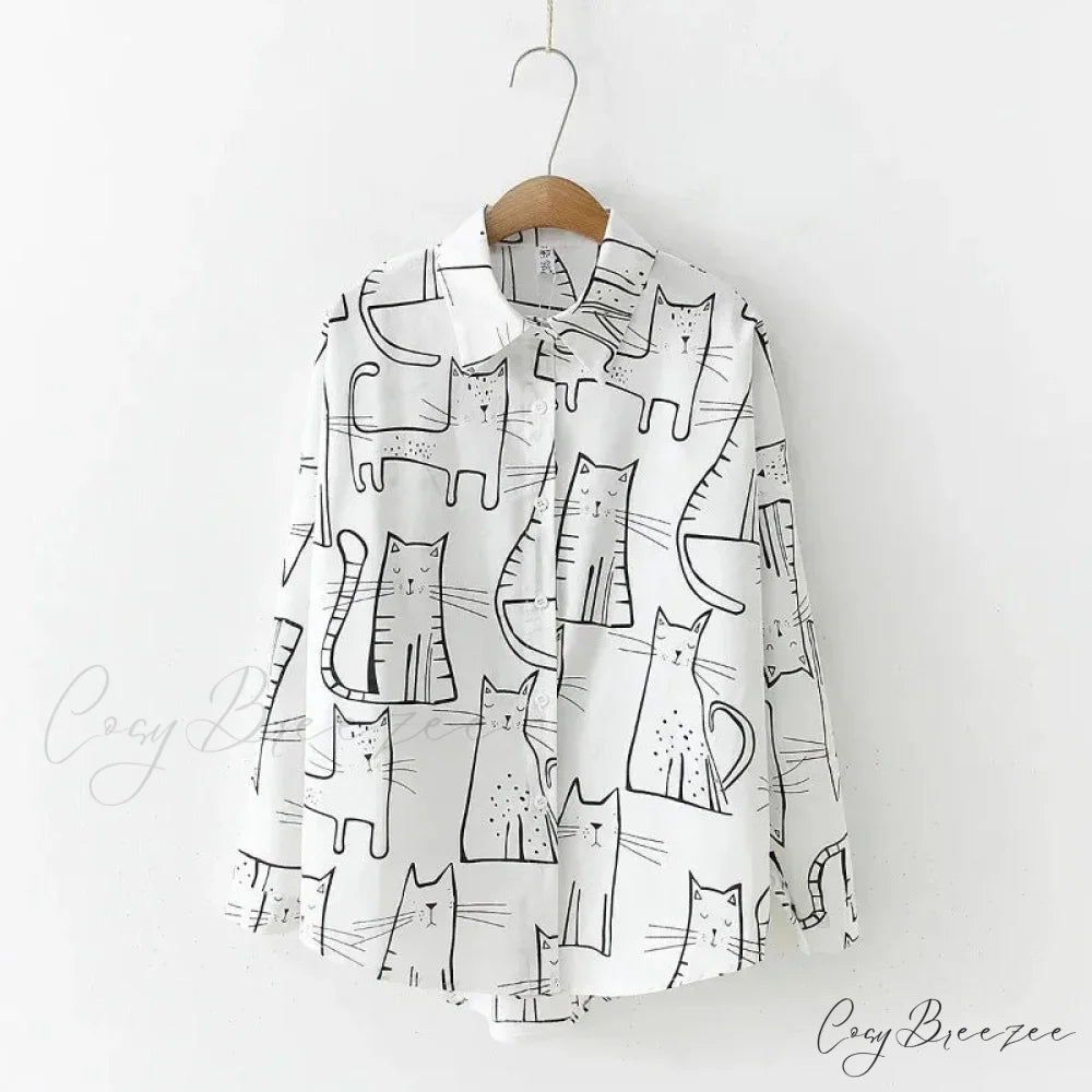 Cat Print Long Sleeve Vintage Casual Crop Top WHITE / S blouse-250126