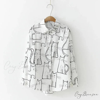 Cat Print Long Sleeve Vintage Casual Crop Top WHITE / S blouse-250126