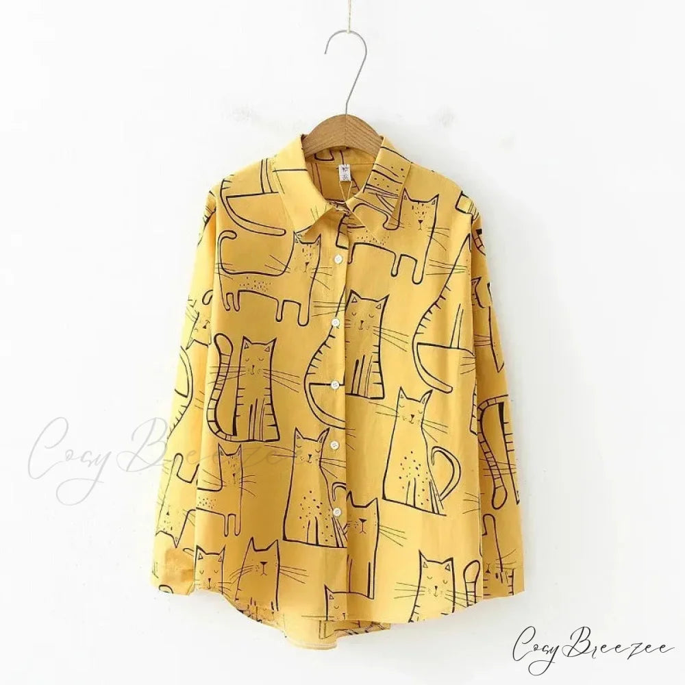 Cat Print Long Sleeve Vintage Casual Crop Top Yellow / S blouse-250126