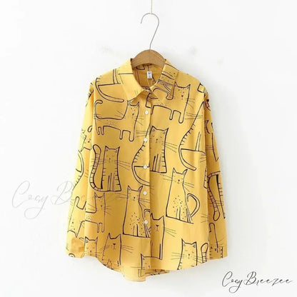 Cat Print Long Sleeve Vintage Casual Crop Top Yellow / S blouse-250126