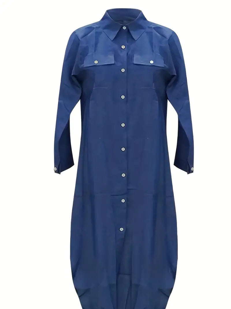 Blue Hem Arc Button Front Shirt Dress