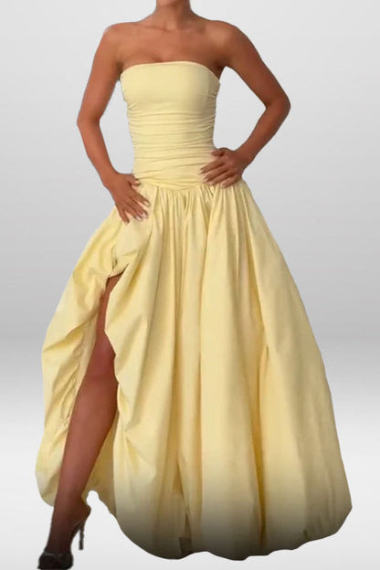 Strapless Split Tie Solid Evening Party Dress