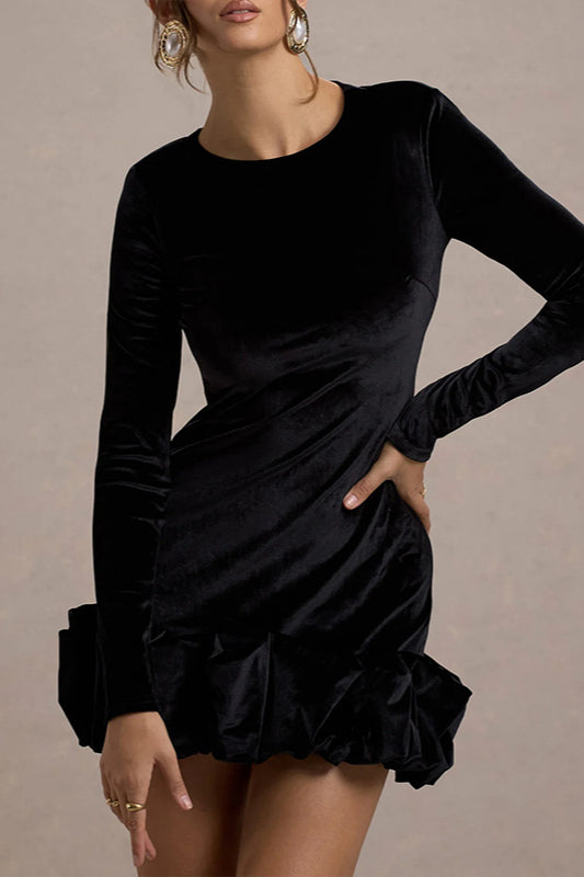 Velvet Pleated Hem Long Sleeve Party Dress