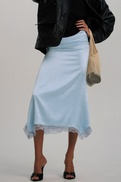 Lace Trim Asymmetric Midi Skirt