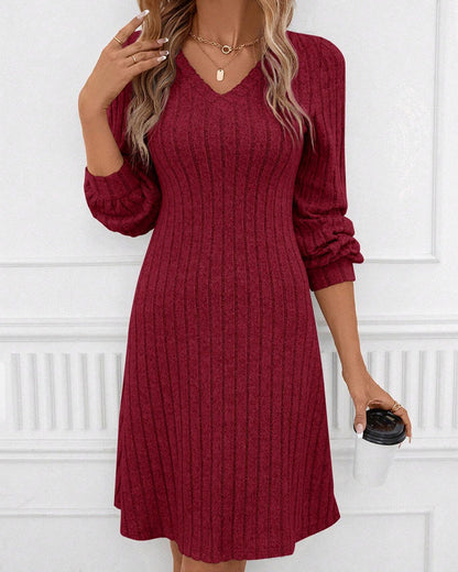 Ribbed V-neck Dress in Solid Color