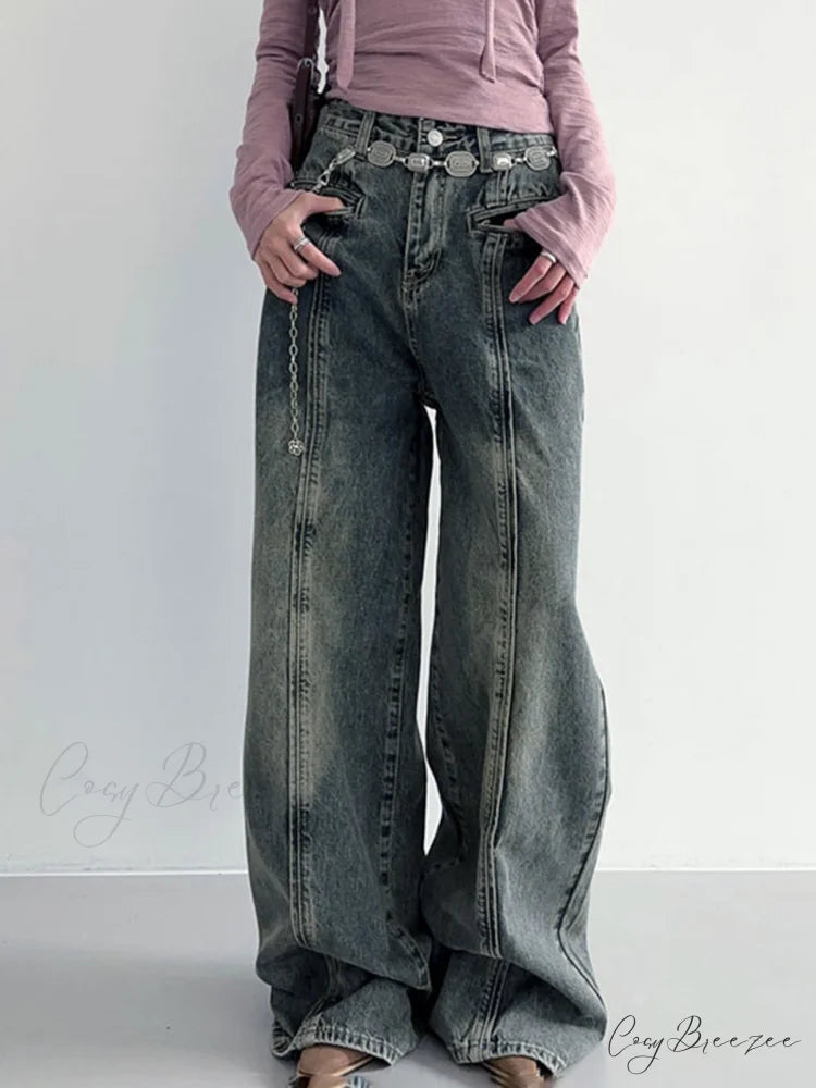 Center Stripe Wide Trendy Leg Jeans Without Belt