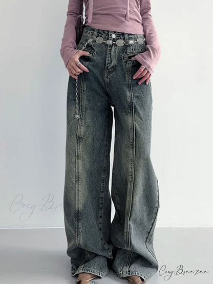 Center Stripe Wide Trendy Leg Jeans Without Belt
