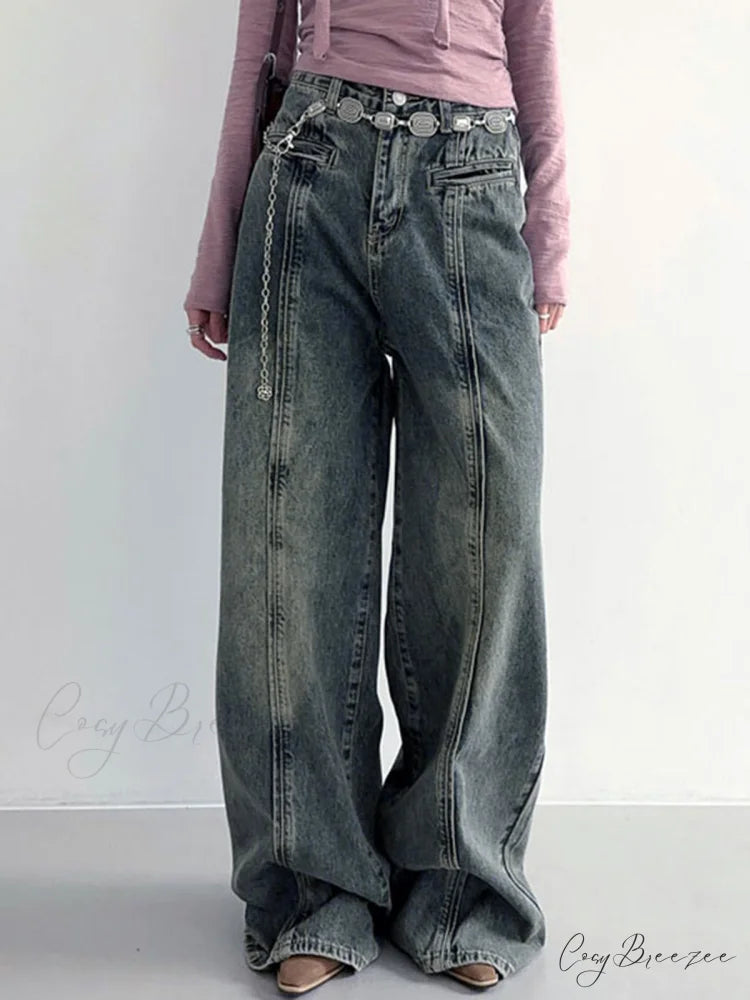 Center Stripe Wide Trendy Leg Jeans Without Belt Blue / XS