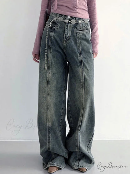 Center Stripe Wide Trendy Leg Jeans Without Belt Blue / XS