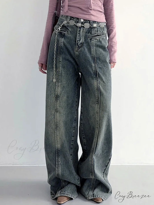Center Stripe Wide Trendy Leg Jeans Without Belt Blue / XS