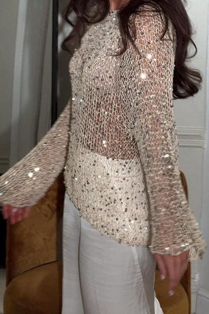 Elegant Sequin Long Sleeve Knit  Blouse