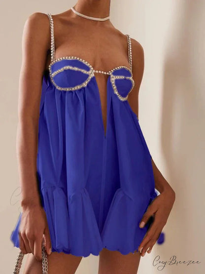 Chain Fold Sleeveless Mini Dress Blue / S