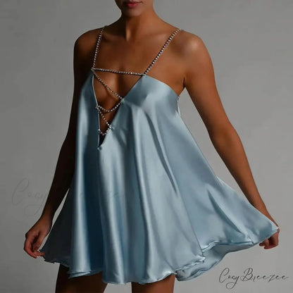 Chain Suspender Hollow Mini Dress Blue / S minidress-250223