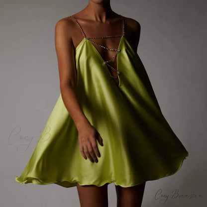 Chain Suspender Hollow Mini Dress Green / S minidress-250223