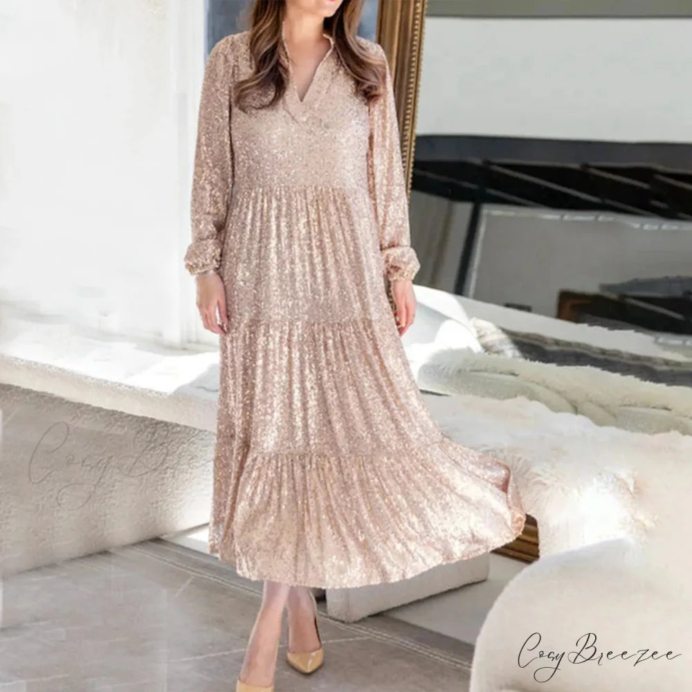 Champagne Sequin Loose V-Neck Long Sleeve Pleated Midi Elegant A-Line Banquet Party Dress Rose Gold / S