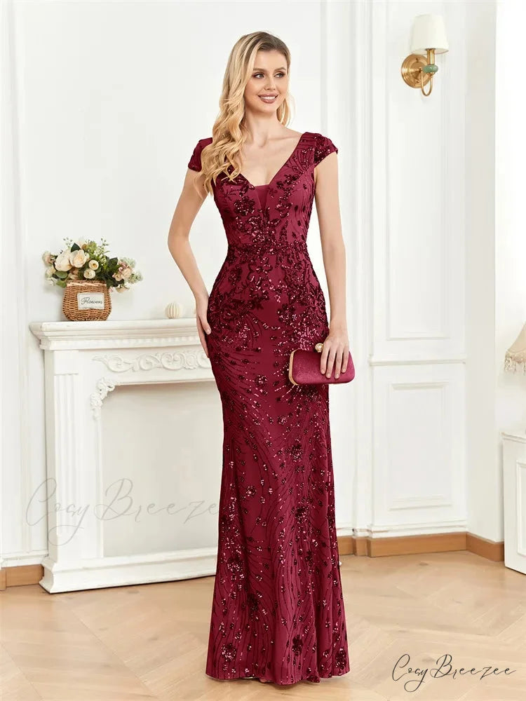Champagne Sequin Mermaid Party Dress Burgundy / S