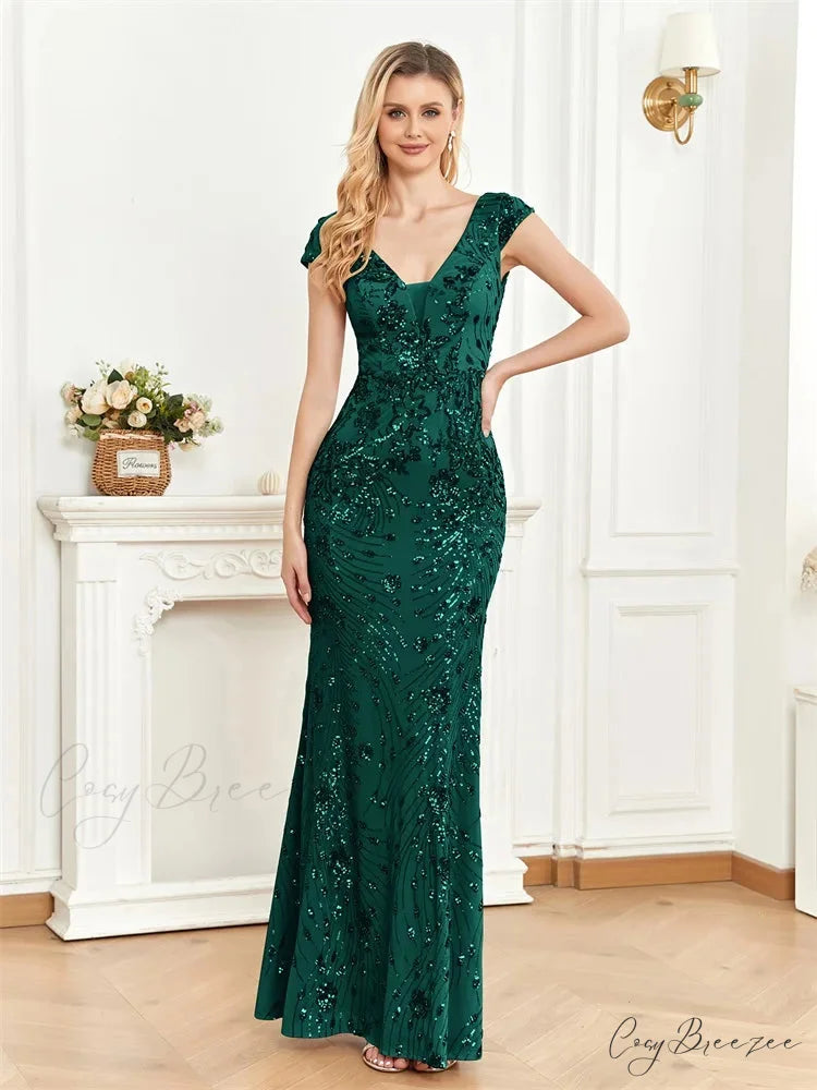 Champagne Sequin Mermaid Party Dress Dark Green / S
