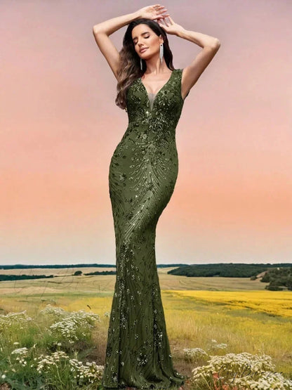 Champagne Sequin Mermaid Party Dress Green / S