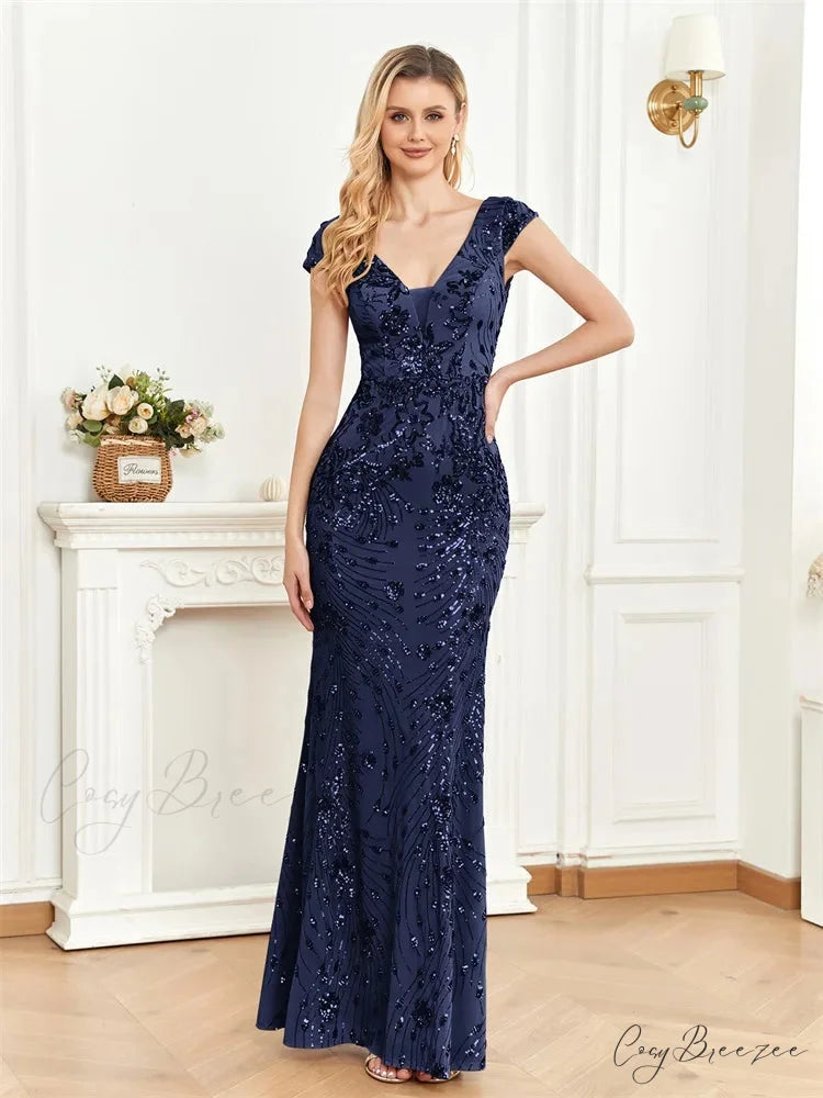 Champagne Sequin Mermaid Party Dress Navy Blue / S