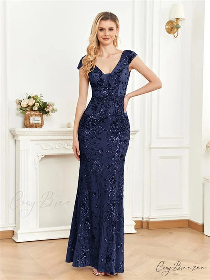 Champagne Sequin Mermaid Party Dress Navy Blue / S