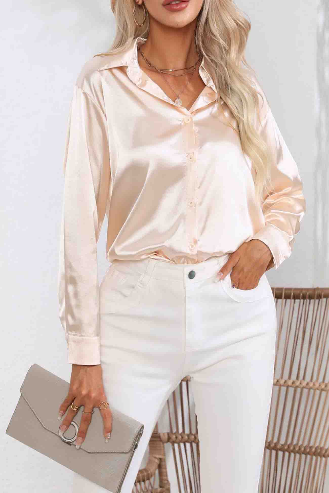 Satin Button Up Blouse with Lapel