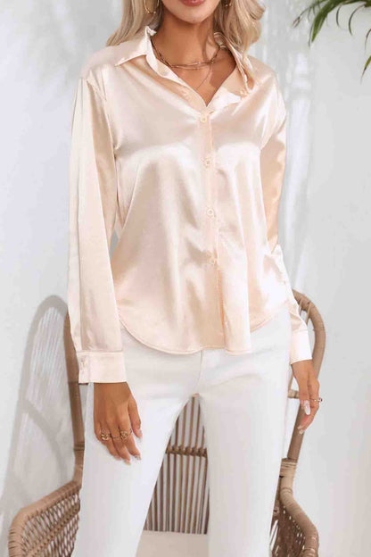 Satin Button Up Blouse with Lapel