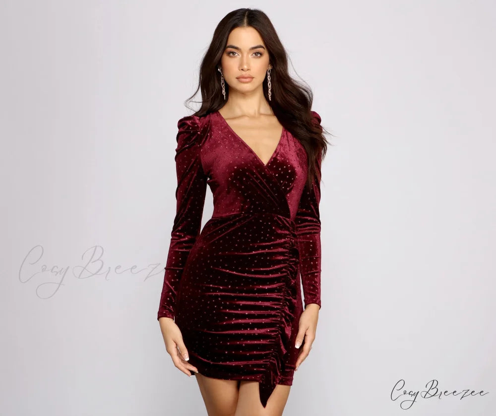 Char Formal Velvet Charming Glitter Mini Dress BURGUNDY / S