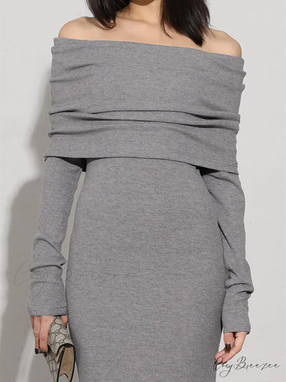 Charcoal Off Shoulder Overfold Modern Long Sleeve Long Dress