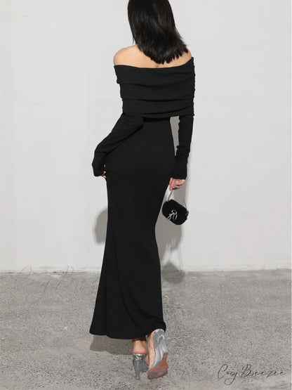 Charcoal Off Shoulder Overfold Modern Long Sleeve Long Dress