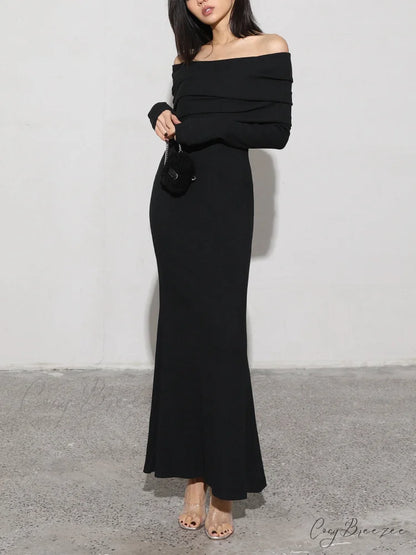 Charcoal Off Shoulder Overfold Modern Long Sleeve Long Dress Black / XS