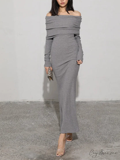Charcoal Off Shoulder Overfold Modern Long Sleeve Long Dress Grey / XS