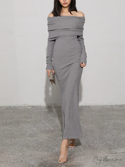 Charcoal Off Shoulder Overfold Modern Long Sleeve Long Dress Grey / XS