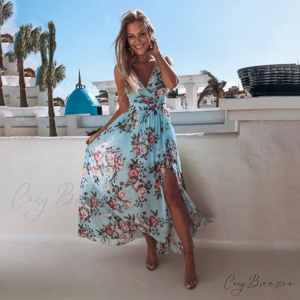 Charena Formal Embroidered Charming Floral Tulle Dress BLUE / S