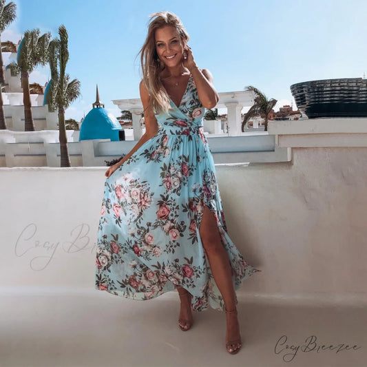 Charena Formal Embroidered Charming Floral Tulle Dress BLUE / S