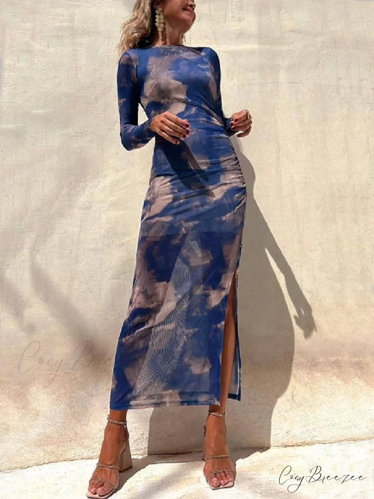 Charm Lady Mesh Overlay Tie Dye Modern Print Long Sleeve Ruched Stretch Midi Dress