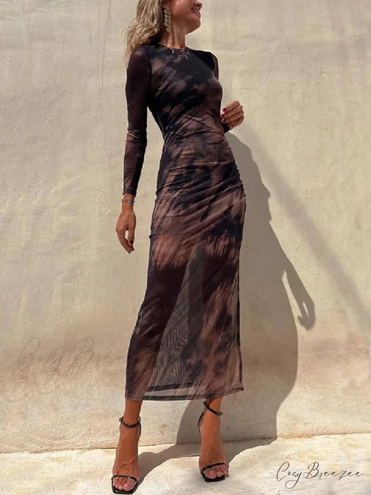 Charm Lady Mesh Overlay Tie Dye Modern Print Long Sleeve Ruched Stretch Midi Dress Black / S