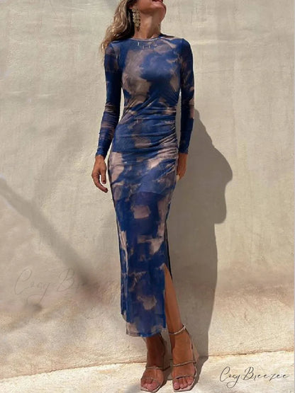 Charm Lady Mesh Overlay Tie Dye Modern Print Long Sleeve Ruched Stretch Midi Dress Blue / S