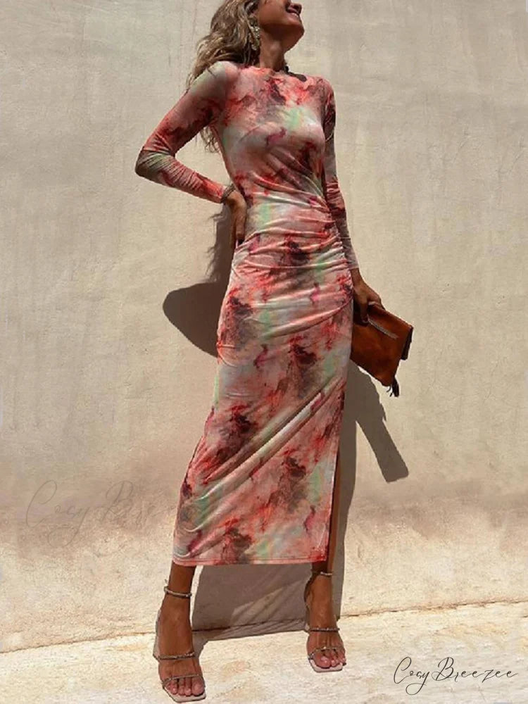 Charm Lady Mesh Overlay Tie Dye Modern Print Long Sleeve Ruched Stretch Midi Dress Pink / S