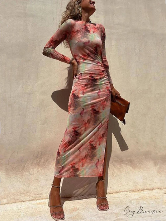 Charm Lady Mesh Overlay Tie Dye Modern Print Long Sleeve Ruched Stretch Midi Dress Pink / S