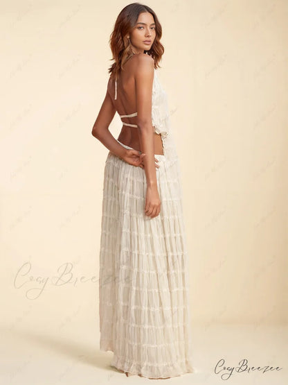 Charm Pleated Drawstring Charming Waist Tiered Maxi Skirt