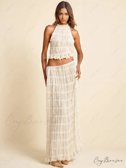 Charm Pleated Drawstring Charming Waist Tiered Maxi Skirt