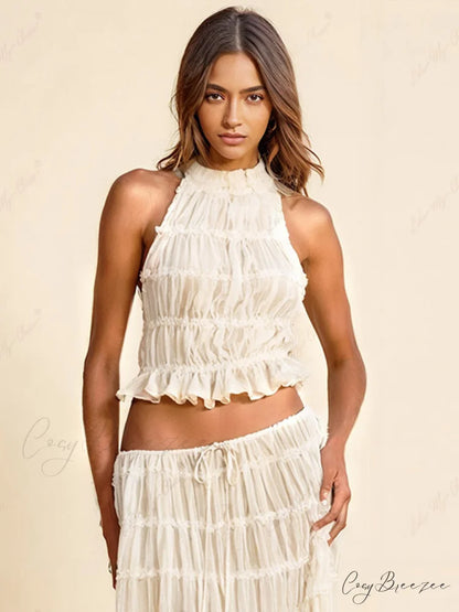 Charm Pleated Drawstring Charming Waist Tiered Maxi Skirt White-Tank Top / S