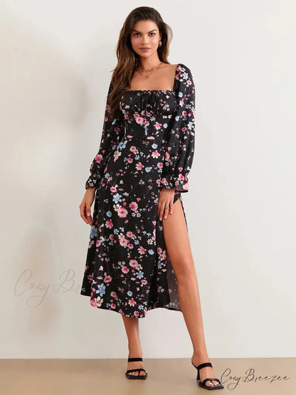 Charming Floral Midi Puff Sleeve Square Neck Dress BLACK1 / S floraldress-250126