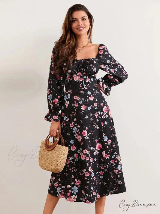Charming Floral Midi Puff Sleeve Square Neck Dress floraldress-250126