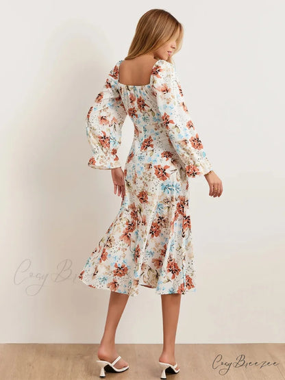 Charming Floral Midi Puff Sleeve Square Neck Dress floraldress-250126